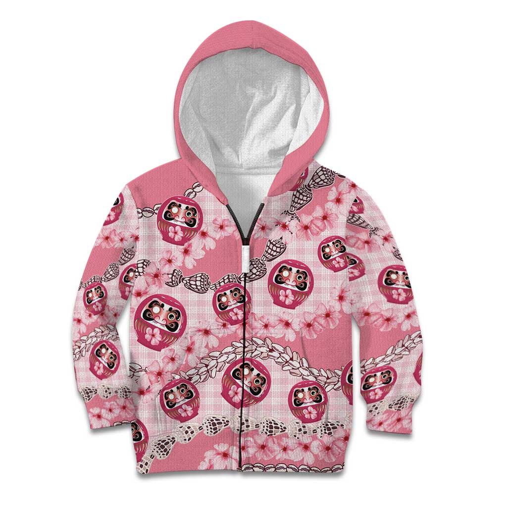 Japanese Daruma Doll Palaka Kid Hoodie Cherry Blossoms With Shell Lei - Polynesian Pride