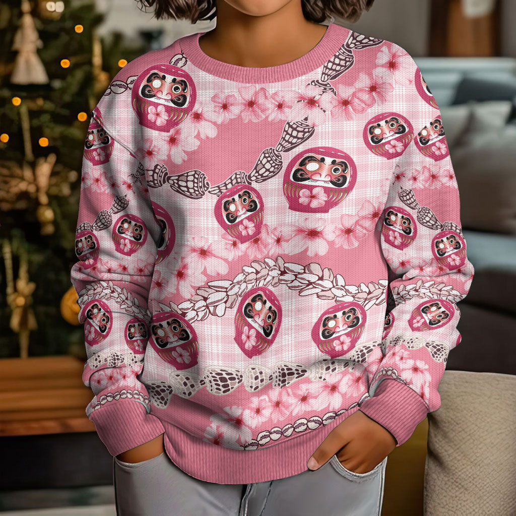 Japanese Daruma Doll Palaka Kid Ugly Christmas Sweater Cherry Blossoms With Shell Lei