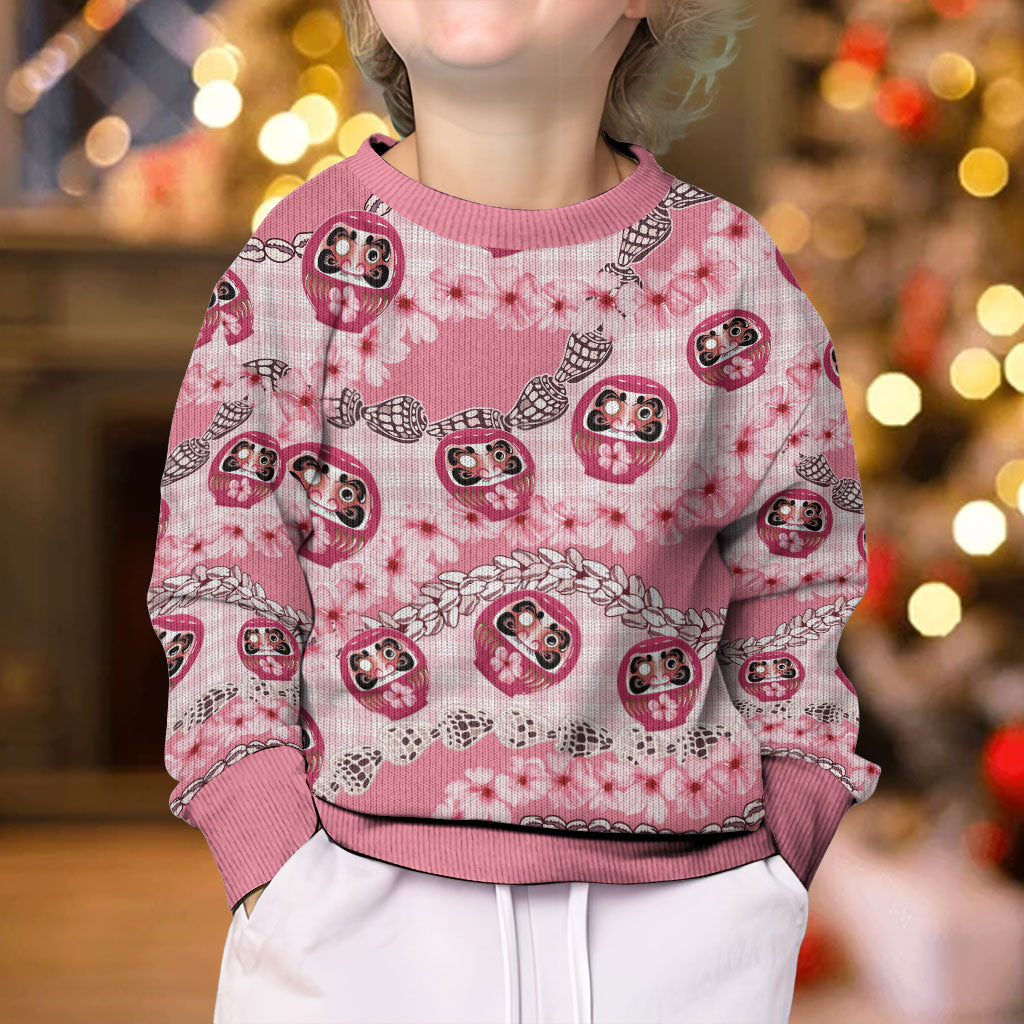 Japanese Daruma Doll Palaka Kid Ugly Christmas Sweater Cherry Blossoms With Shell Lei