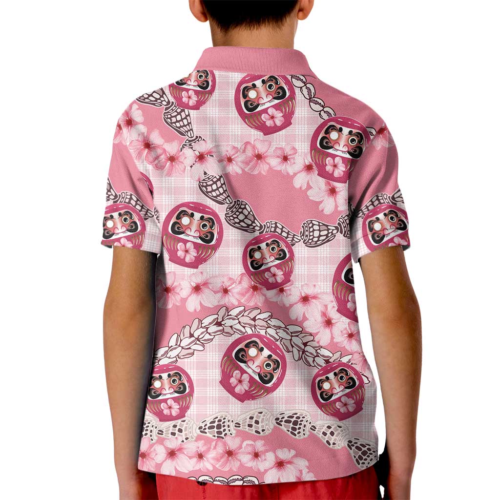 Japanese Daruma Doll Palaka Kid Polo Shirt Cherry Blossoms With Shell Lei - Polynesian Pride