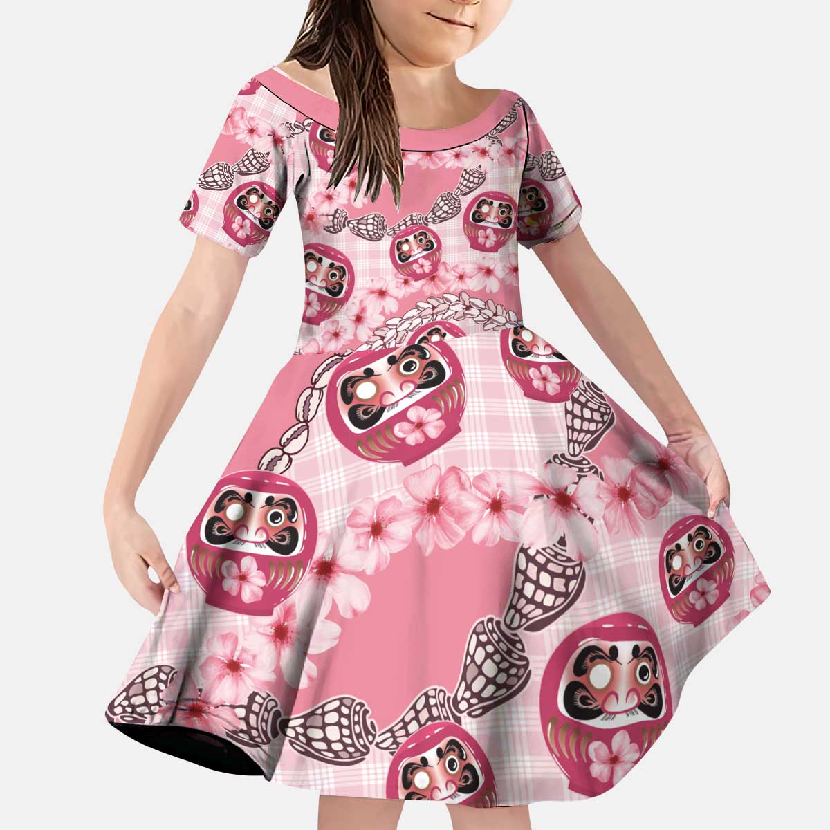 Japanese Daruma Doll Palaka Kid Short Sleeve Dress Cherry Blossoms With Shell Lei - Polynesian Pride