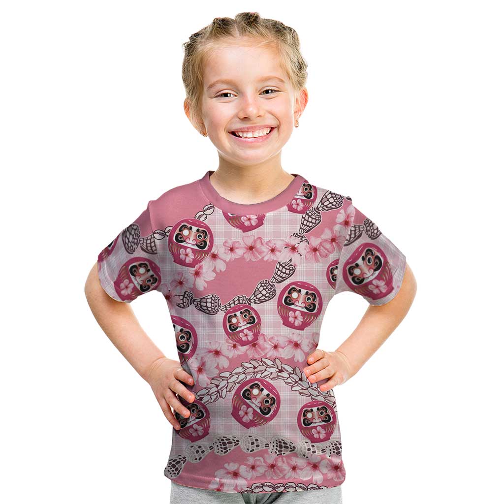 Japanese Daruma Doll Palaka Kid T Shirt Cherry Blossoms With Shell Lei - Polynesian Pride