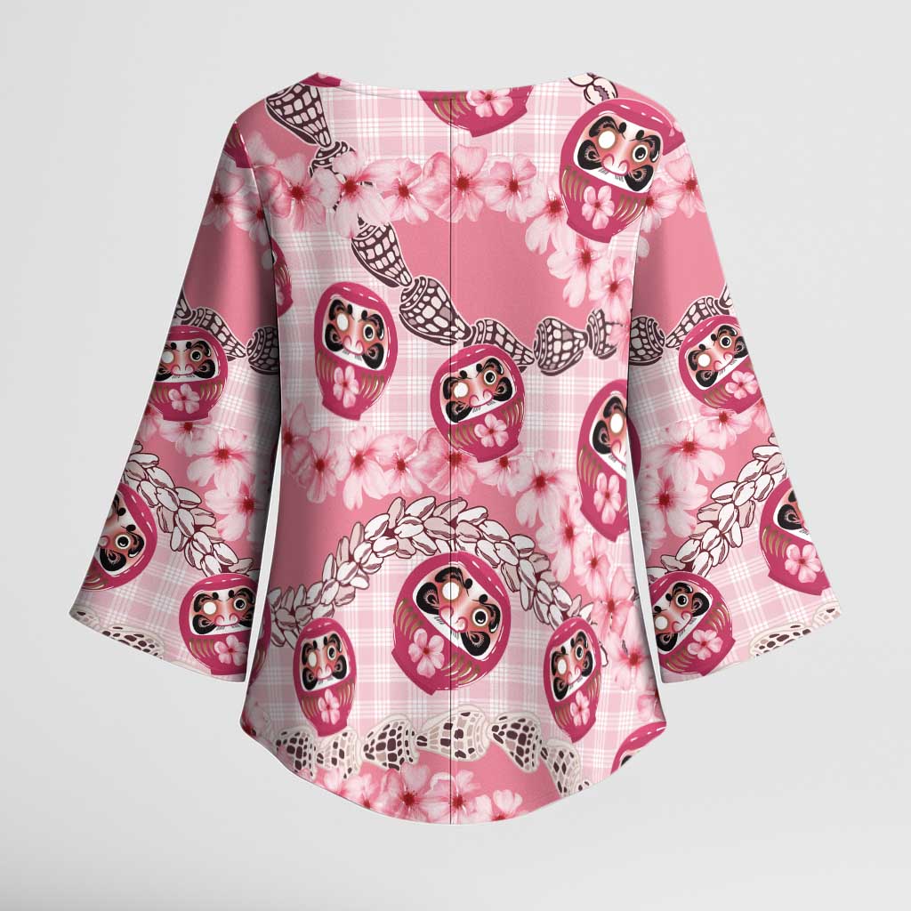 Japanese Daruma Doll Palaka Kimono Sleeve Blouse Cherry Blossoms With Shell Lei - Polynesian Pride