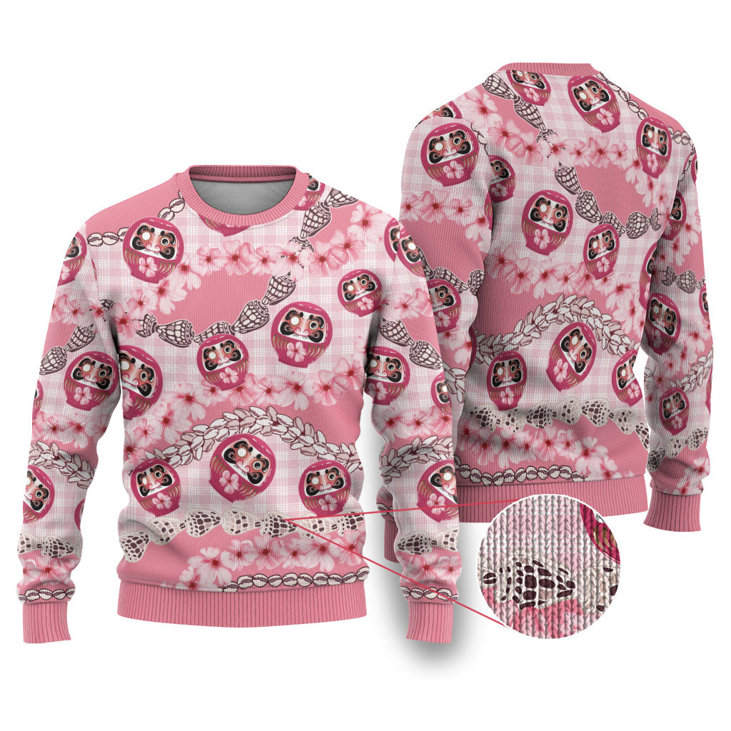 Japanese Daruma Doll Palaka Ugly Christmas Sweater Cherry Blossoms With Shell Lei