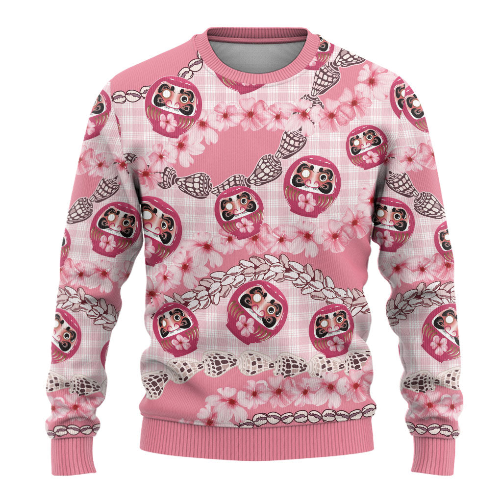 Japanese Daruma Doll Palaka Ugly Christmas Sweater Cherry Blossoms With Shell Lei