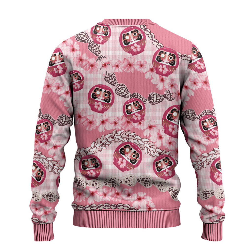 Japanese Daruma Doll Palaka Ugly Christmas Sweater Cherry Blossoms With Shell Lei