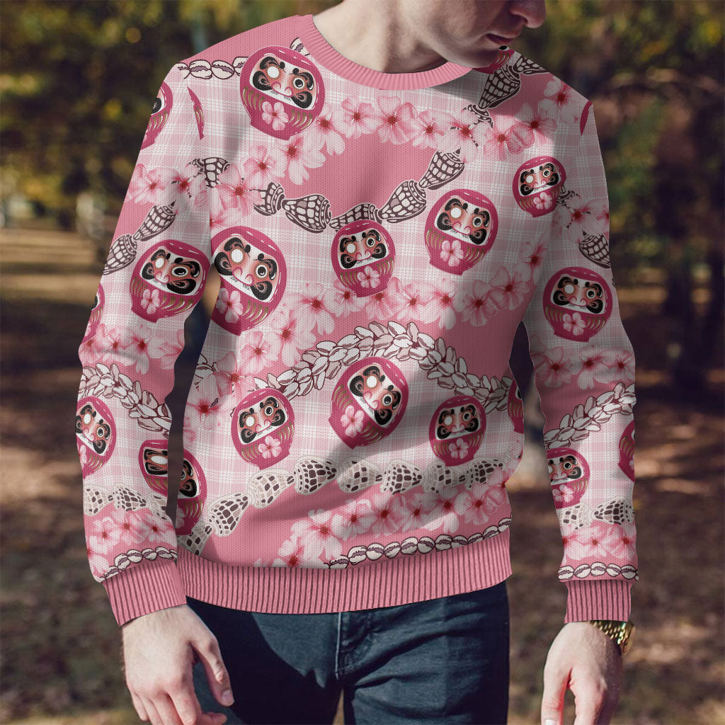 Japanese Daruma Doll Palaka Ugly Christmas Sweater Cherry Blossoms With Shell Lei