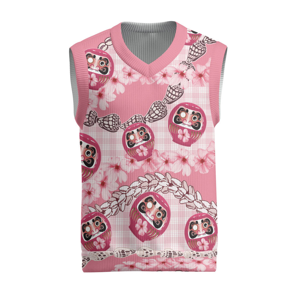 Japanese Daruma Doll Palaka Christmas Knitted V-Neck Vest Cherry Blossoms With Shell Lei