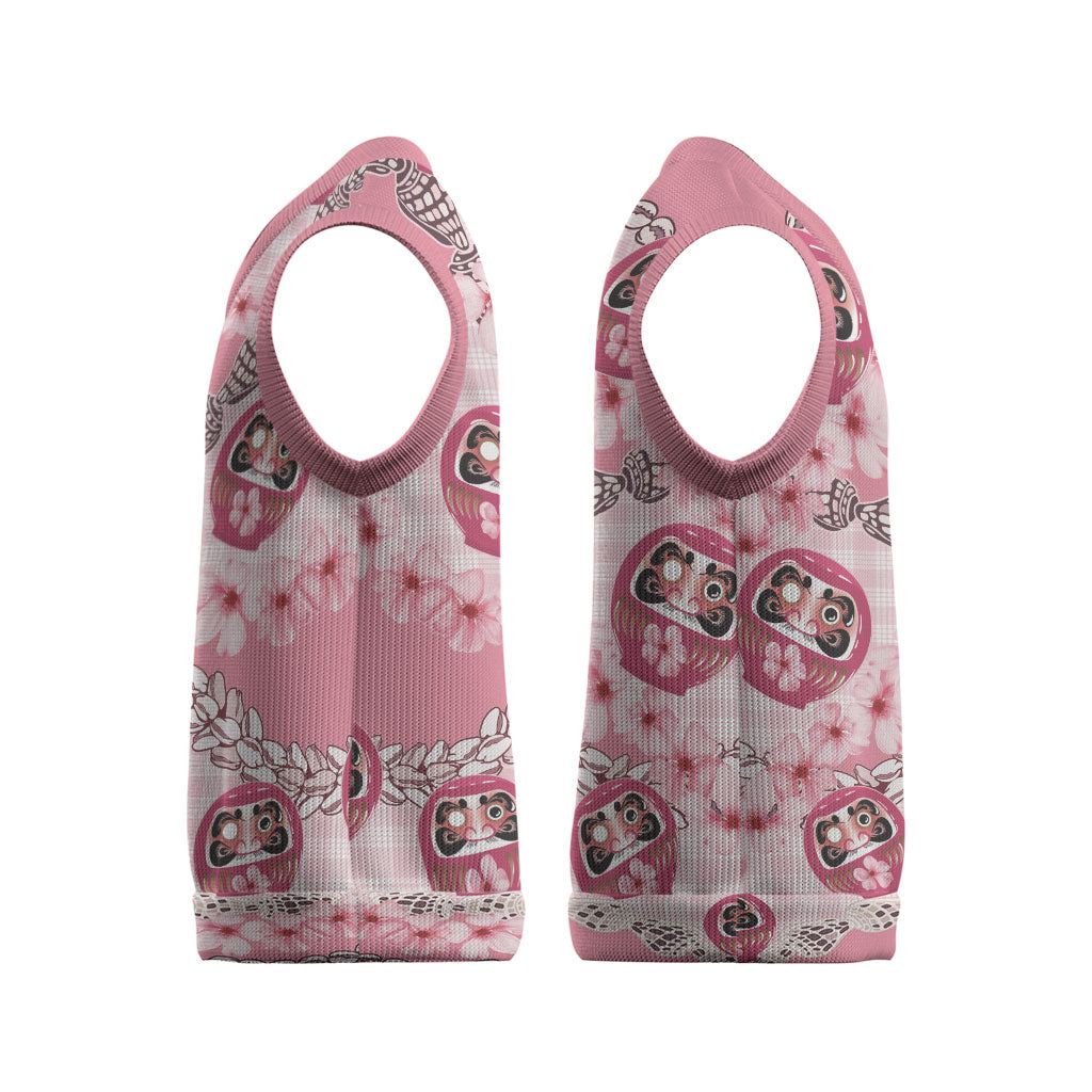 Japanese Daruma Doll Palaka Christmas Knitted V-Neck Vest Cherry Blossoms With Shell Lei