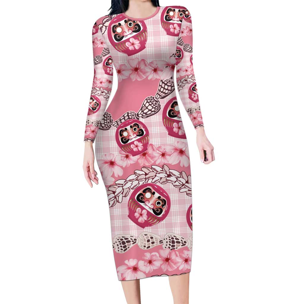Japanese Daruma Doll Palaka Long Sleeve Bodycon Dress Cherry Blossoms With Shell Lei - Polynesian Pride
