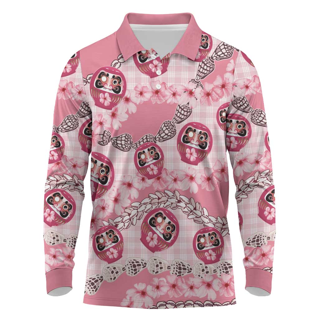 Japanese Daruma Doll Palaka Long Sleeve Polo Shirt Cherry Blossoms With Shell Lei - Polynesian Pride
