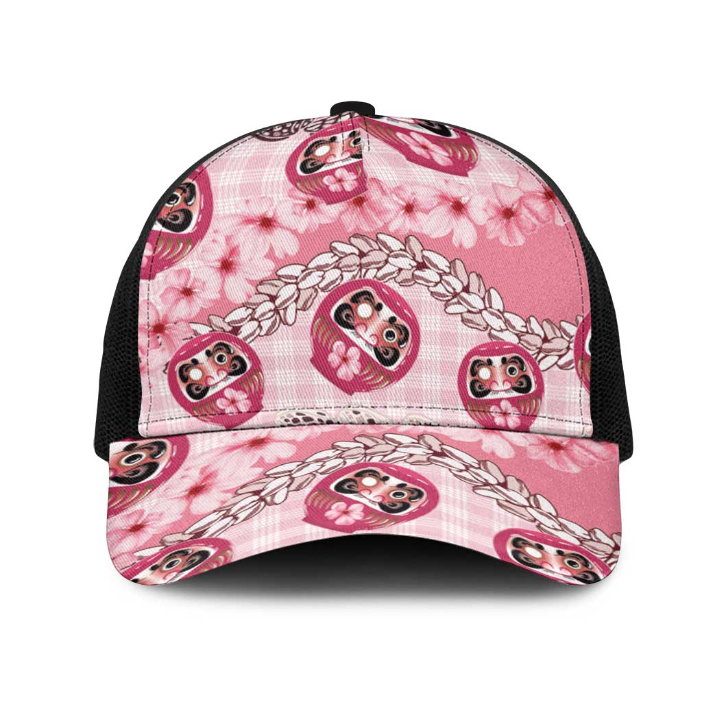 Japanese Daruma Doll Palaka Mesh Trucker Cap Cherry Blossoms With Shell Lei