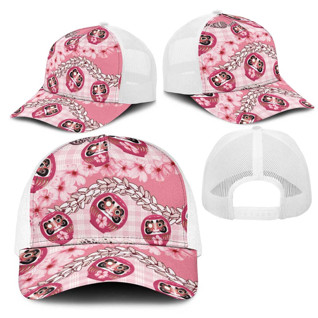 Japanese Daruma Doll Palaka Mesh Trucker Cap Cherry Blossoms With Shell Lei