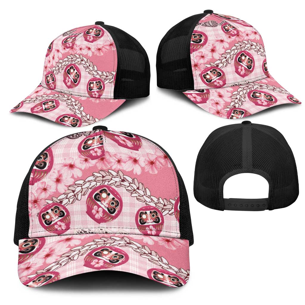 Japanese Daruma Doll Palaka Mesh Trucker Cap Cherry Blossoms With Shell Lei