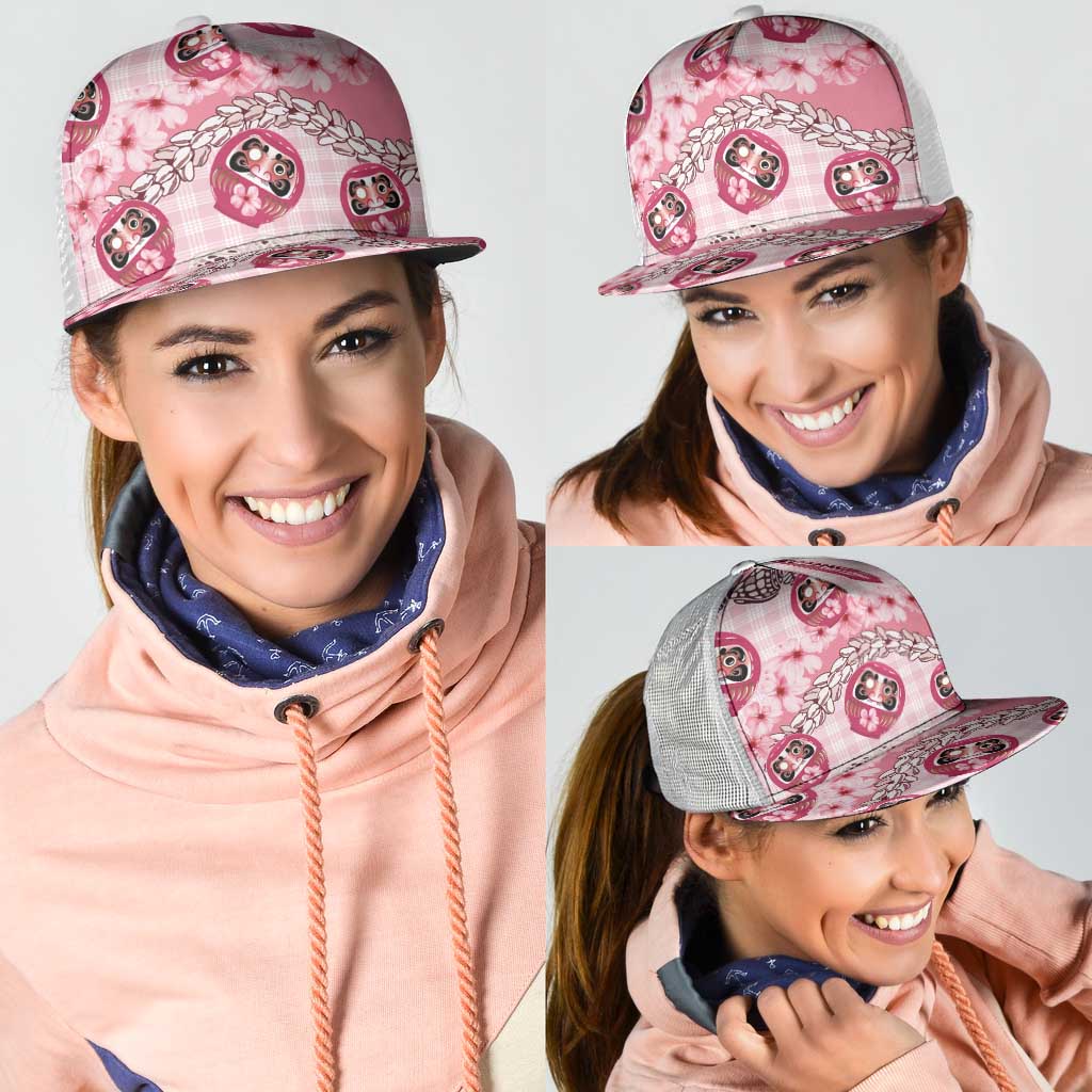 Japanese Daruma Doll Palaka Mesh Trucker Cap Cherry Blossoms With Shell Lei