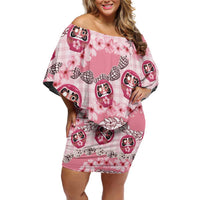 Japanese Daruma Doll Palaka Off Shoulder Short Dress Cherry Blossoms With Shell Lei - Polynesian Pride