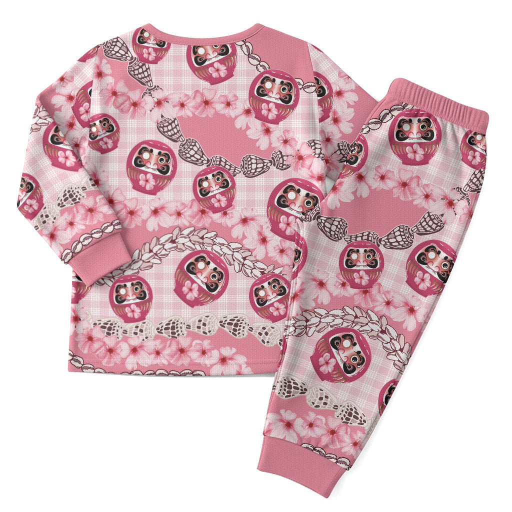 Japanese Daruma Doll Palaka Christmas Pajama Set Cherry Blossoms With Shell Lei