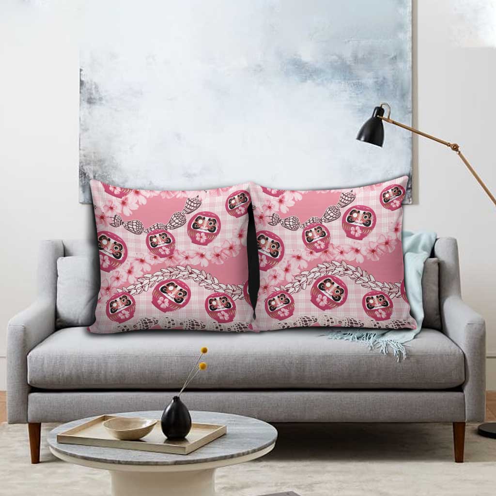 Japanese Daruma Doll Palaka Pillow Cover Cherry Blossoms With Shell Lei - Polynesian Pride