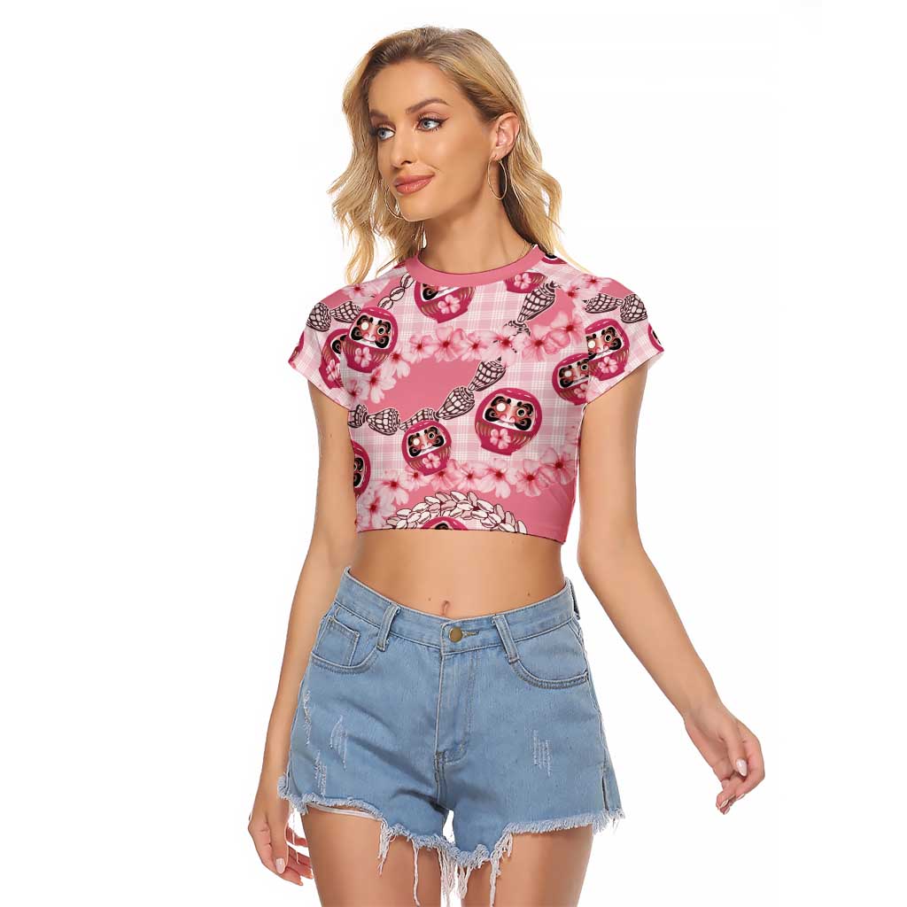 Japanese Daruma Doll Palaka Raglan Cropped T Shirt Cherry Blossoms With Shell Lei - Polynesian Pride