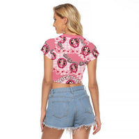 Japanese Daruma Doll Palaka Raglan Cropped T Shirt Cherry Blossoms With Shell Lei - Polynesian Pride