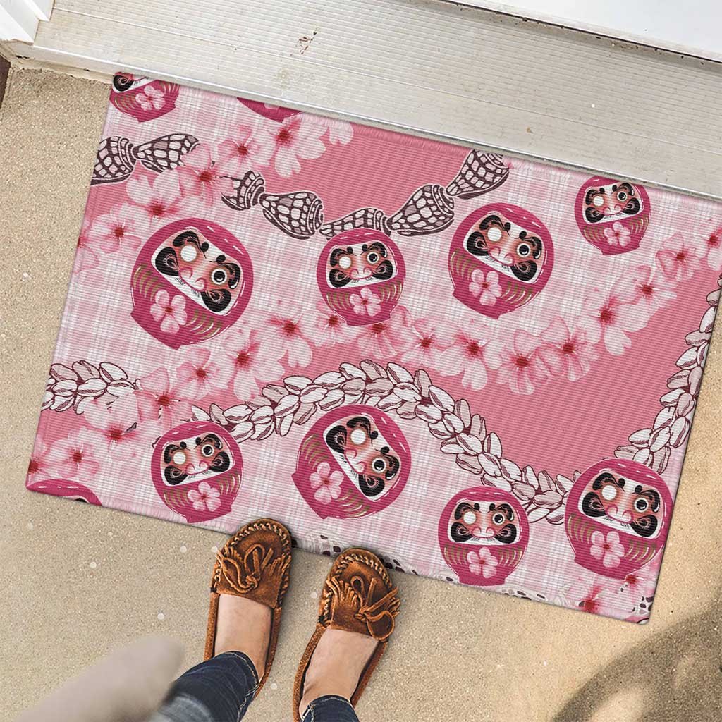 Japanese Daruma Doll Palaka Rubber Doormat Cherry Blossoms With Shell Lei - Polynesian Pride