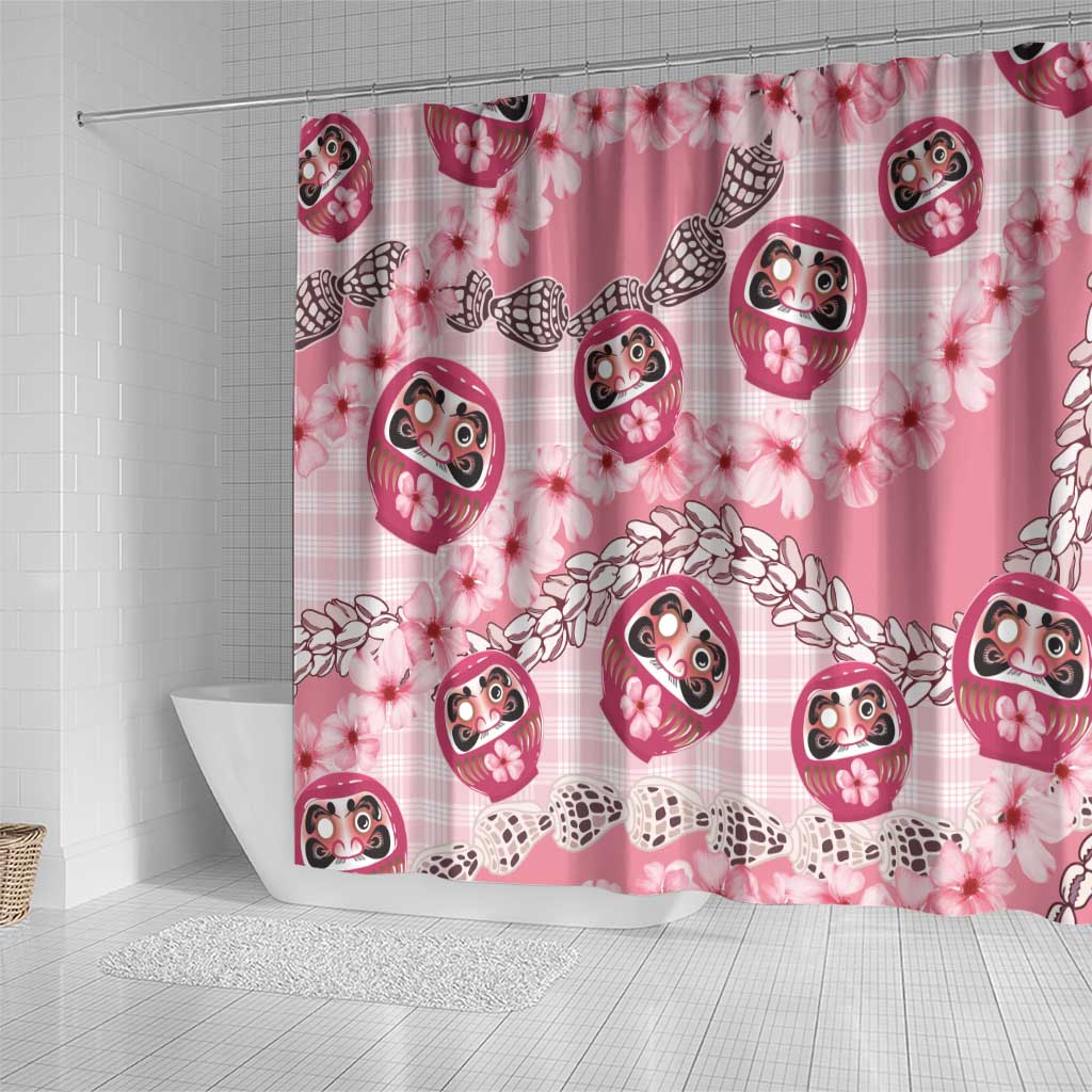 Japanese Daruma Doll Palaka Shower Curtain Cherry Blossoms With Shell Lei - Polynesian Pride
