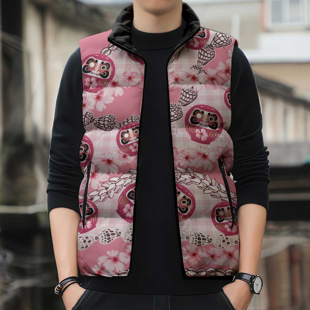 Japanese Daruma Doll Palaka Sleeveless Puffer Jacket Cherry Blossoms With Shell Lei - Polynesian Pride