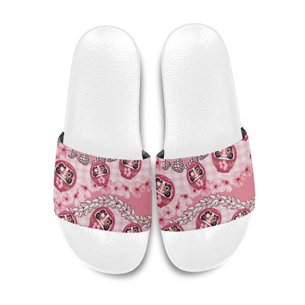 Japanese Daruma Doll Palaka Slide Sandals Cherry Blossoms With Shell Lei - Polynesian Pride
