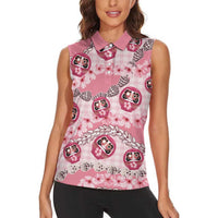 Japanese Daruma Doll Palaka Women Sleeveless Polo Shirt Cherry Blossoms With Shell Lei - Polynesian Pride