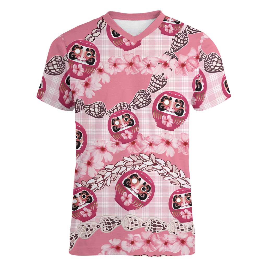Japanese Daruma Doll Palaka Women V-Neck T-Shirt Cherry Blossoms With Shell Lei - Polynesian Pride