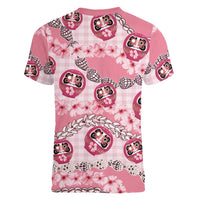 Japanese Daruma Doll Palaka Women V-Neck T-Shirt Cherry Blossoms With Shell Lei - Polynesian Pride