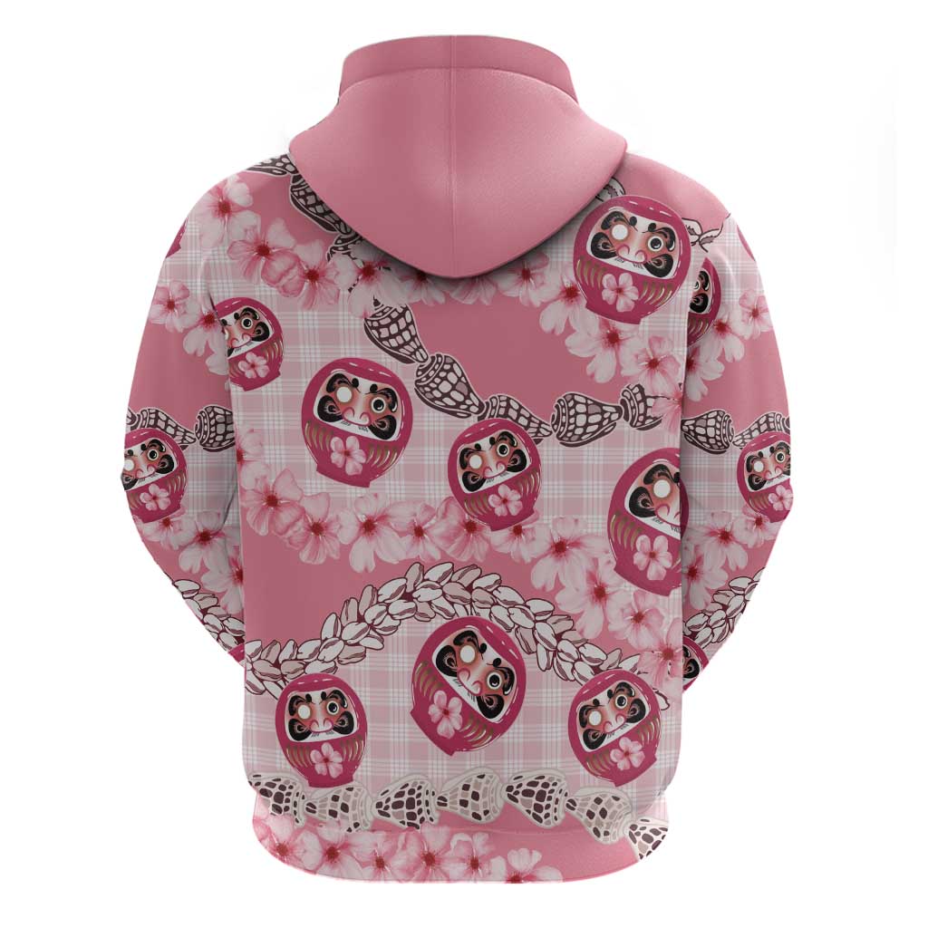Japanese Daruma Doll Palaka Zip Hoodie Cherry Blossoms With Shell Lei - Polynesian Pride