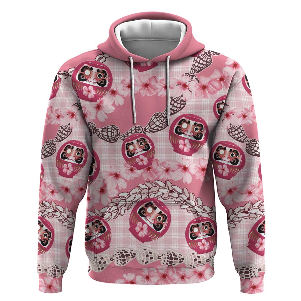 Japanese Daruma Doll Palaka Zip Hoodie Cherry Blossoms With Shell Lei - Polynesian Pride