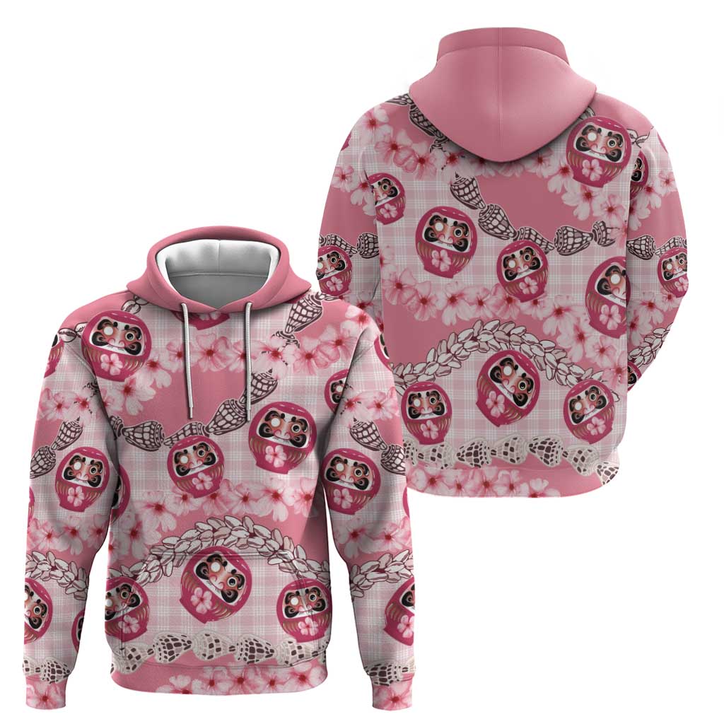Japanese Daruma Doll Palaka Zip Hoodie Cherry Blossoms With Shell Lei - Polynesian Pride