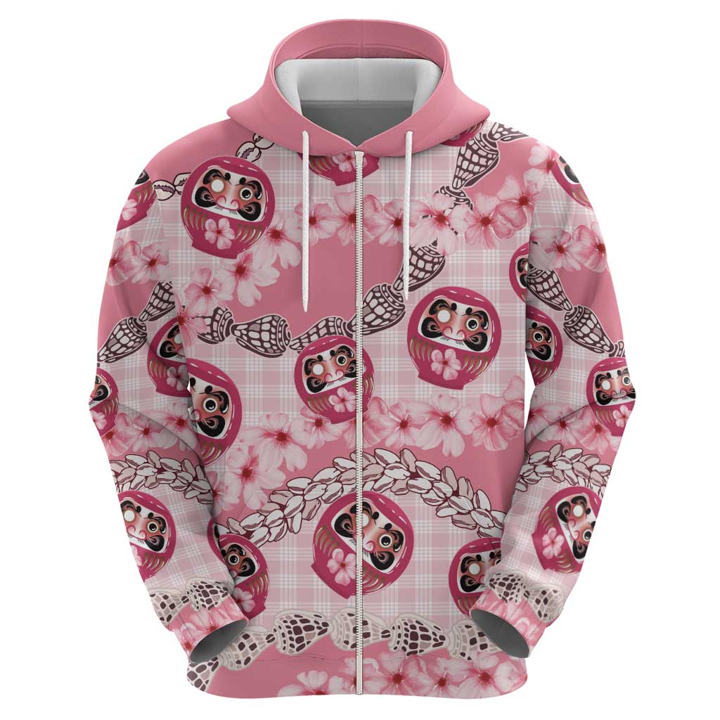 Japanese Daruma Doll Palaka Zip Hoodie Cherry Blossoms With Shell Lei - Polynesian Pride