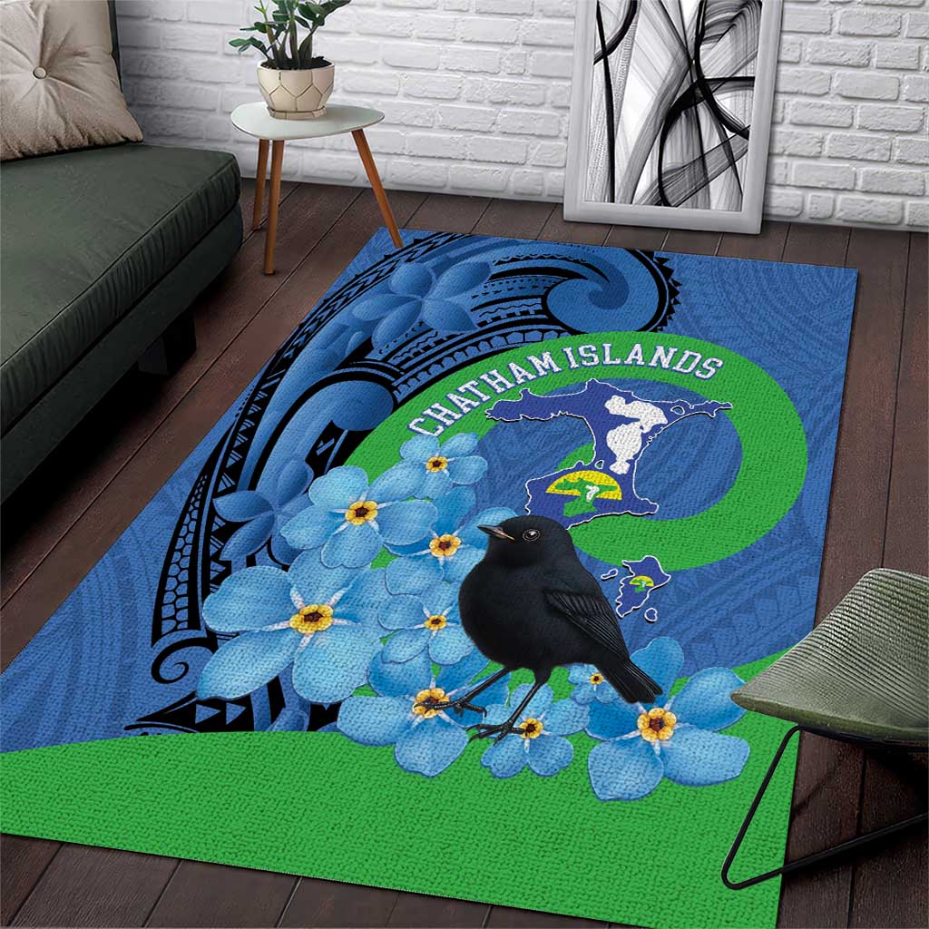 New Zealand Chatham Islands Area Rug Wharekauri Forget Me Not With Black Robin LT14 Blue - Polynesian Pride