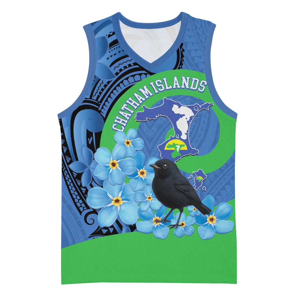 New Zealand Chatham Islands Basketball Jersey Wharekauri Forget Me Not With Black Robin - Polynesian Pride