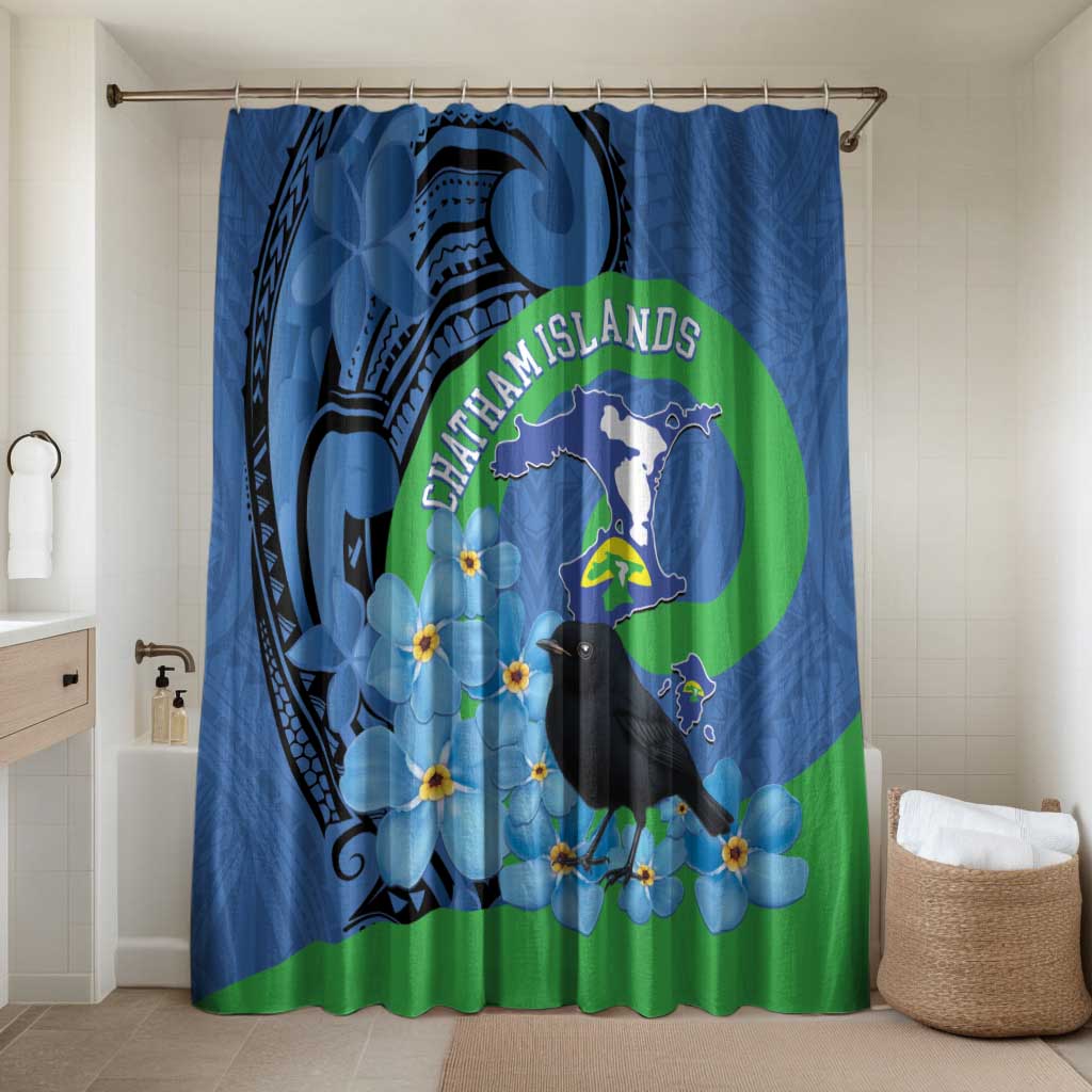 New Zealand Chatham Islands Bathroom Set Wharekauri Forget Me Not With Black Robin LT14 Shower Curtain Only Blue - Polynesian Pride