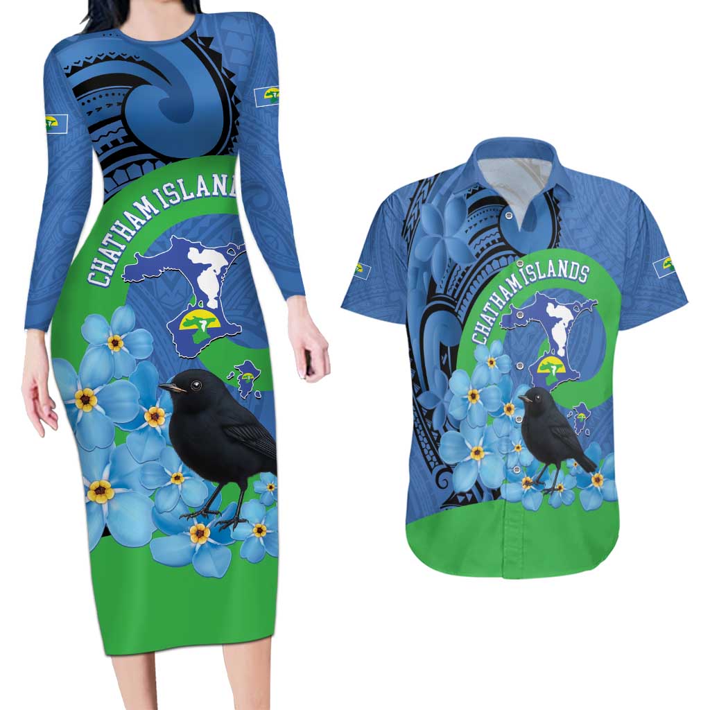 New Zealand Chatham Islands Couples Matching Long Sleeve Bodycon Dress and Hawaiian Shirt Wharekauri Forget Me Not With Black Robin LT14 Blue - Polynesian Pride