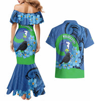 New Zealand Chatham Islands Couples Matching Mermaid Dress and Hawaiian Shirt Wharekauri Forget Me Not With Black Robin LT14 - Polynesian Pride
