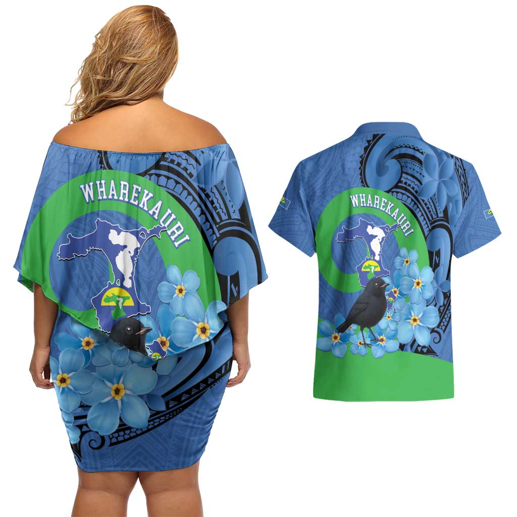 New Zealand Chatham Islands Couples Matching Off Shoulder Short Dress and Hawaiian Shirt Wharekauri Forget Me Not With Black Robin LT14 - Polynesian Pride