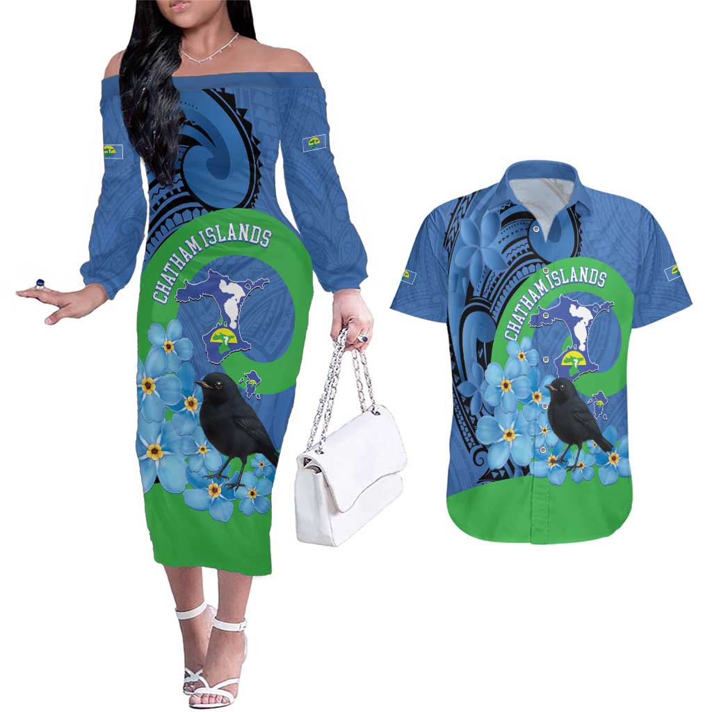 New Zealand Chatham Islands Couples Matching Off The Shoulder Long Sleeve Dress and Hawaiian Shirt Wharekauri Forget Me Not With Black Robin LT14 Blue - Polynesian Pride