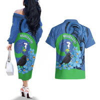 New Zealand Chatham Islands Couples Matching Off The Shoulder Long Sleeve Dress and Hawaiian Shirt Wharekauri Forget Me Not With Black Robin LT14 - Polynesian Pride