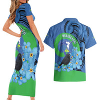 New Zealand Chatham Islands Couples Matching Short Sleeve Bodycon Dress and Hawaiian Shirt Wharekauri Forget Me Not With Black Robin LT14 - Polynesian Pride