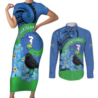 New Zealand Chatham Islands Couples Matching Short Sleeve Bodycon Dress and Long Sleeve Button Shirt Wharekauri Forget Me Not With Black Robin LT14 Blue - Polynesian Pride