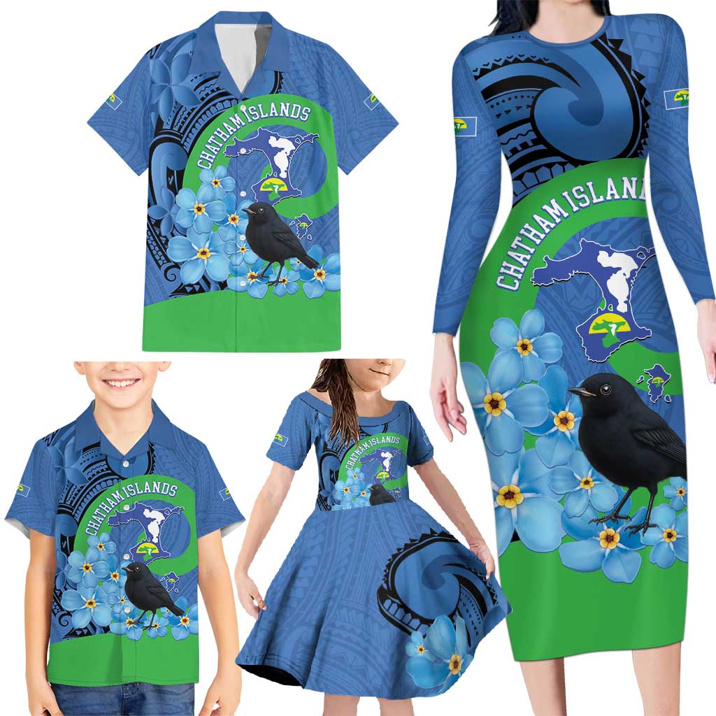 New Zealand Chatham Islands Family Matching Long Sleeve Bodycon Dress and Hawaiian Shirt Wharekauri Forget Me Not With Black Robin LT14 - Polynesian Pride