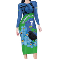 New Zealand Chatham Islands Family Matching Long Sleeve Bodycon Dress and Hawaiian Shirt Wharekauri Forget Me Not With Black Robin LT14 Mom's Dress Blue - Polynesian Pride