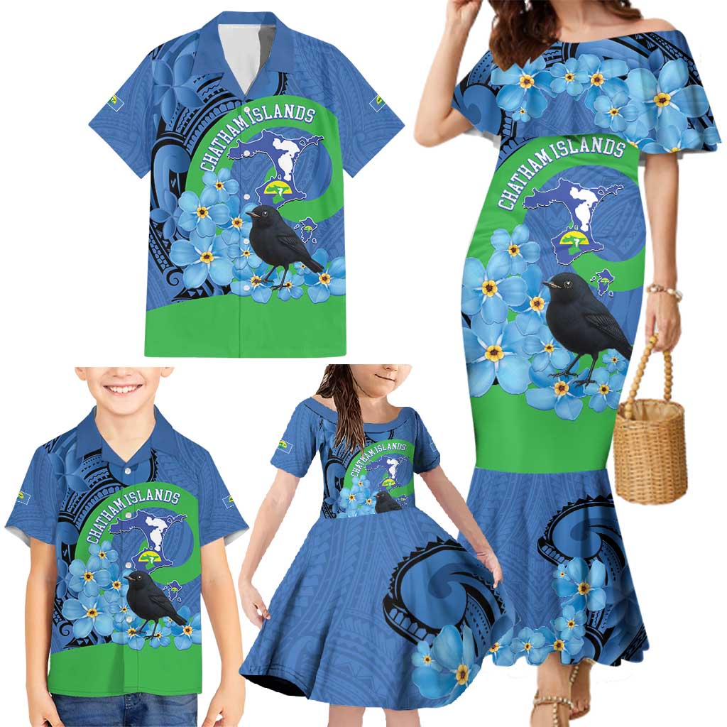 New Zealand Chatham Islands Family Matching Mermaid Dress and Hawaiian Shirt Wharekauri Forget Me Not With Black Robin LT14 - Polynesian Pride