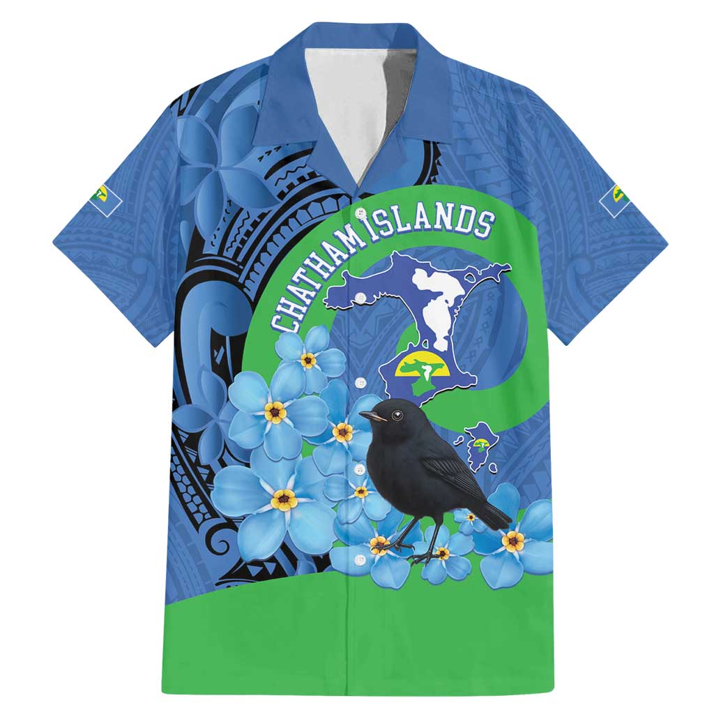New Zealand Chatham Islands Family Matching Mermaid Dress and Hawaiian Shirt Wharekauri Forget Me Not With Black Robin LT14 Dad's Shirt - Short Sleeve Blue - Polynesian Pride