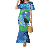 New Zealand Chatham Islands Family Matching Mermaid Dress and Hawaiian Shirt Wharekauri Forget Me Not With Black Robin LT14 Mom's Dress Blue - Polynesian Pride